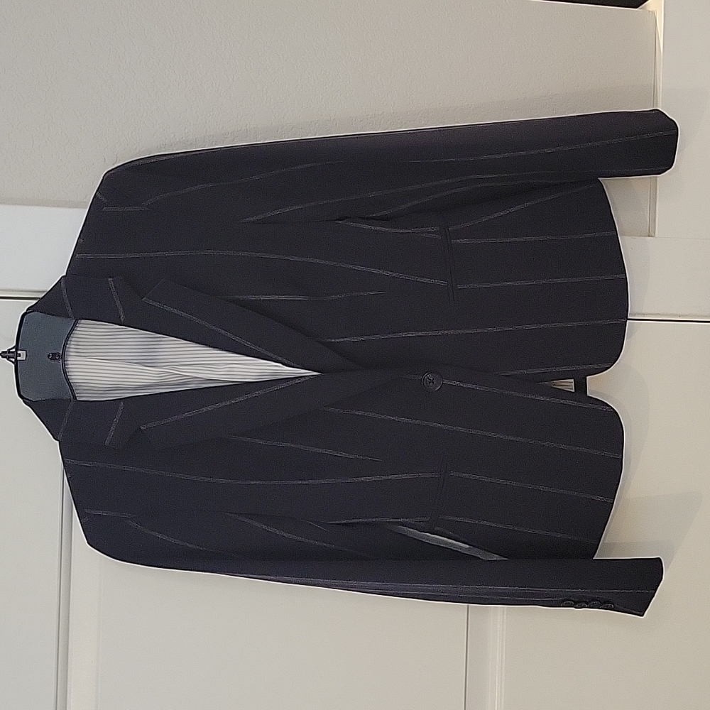 navy and white pinstripe blazer